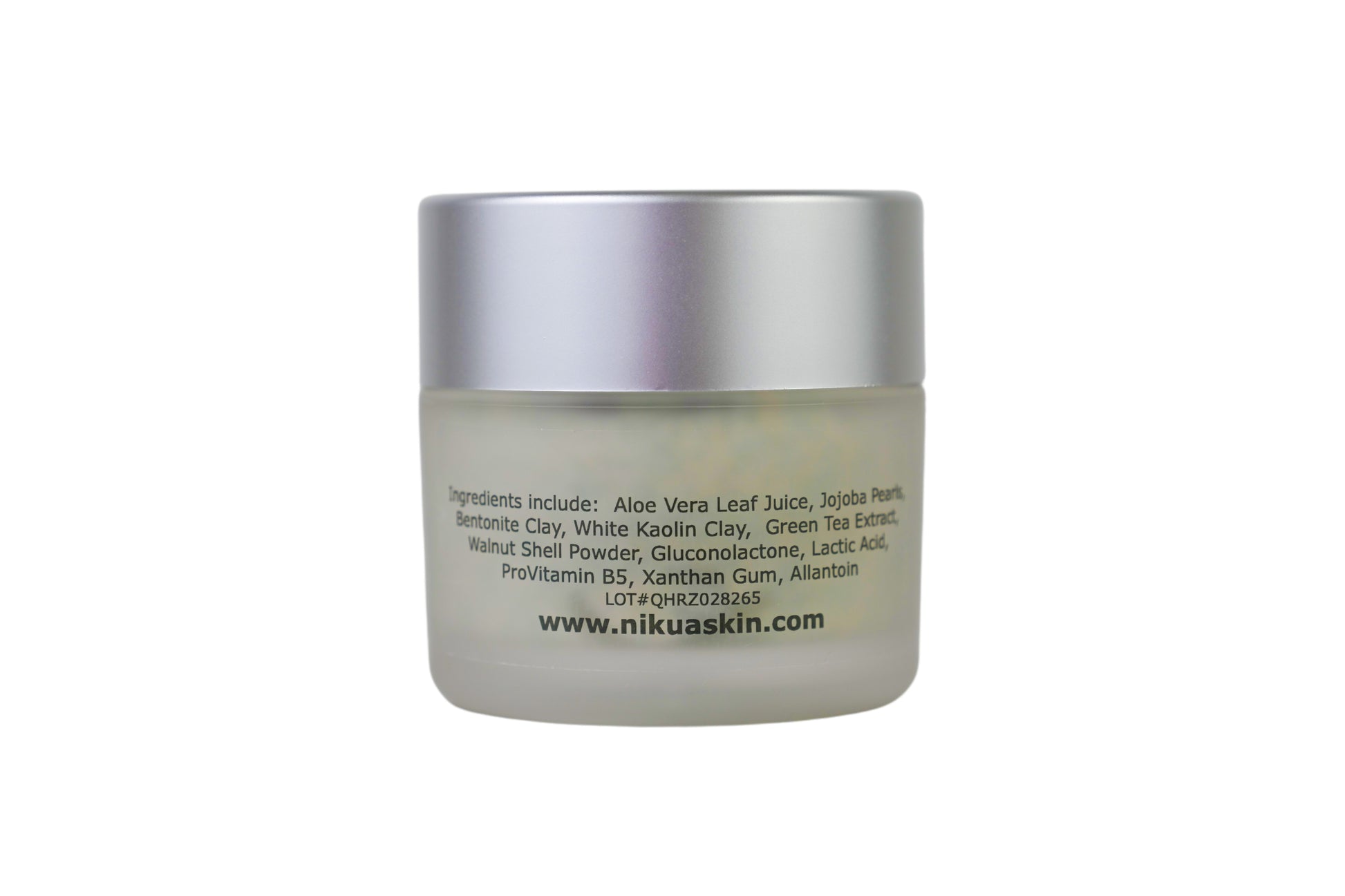 Exfoliating mask jar back with ingredients
