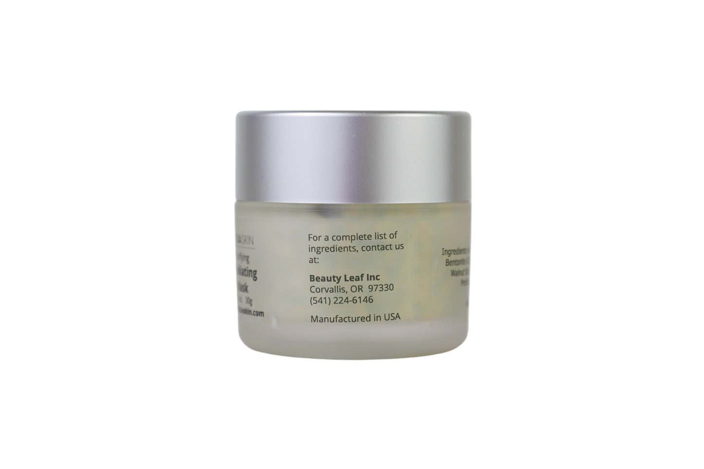 Exfoliating mask jar side with company address