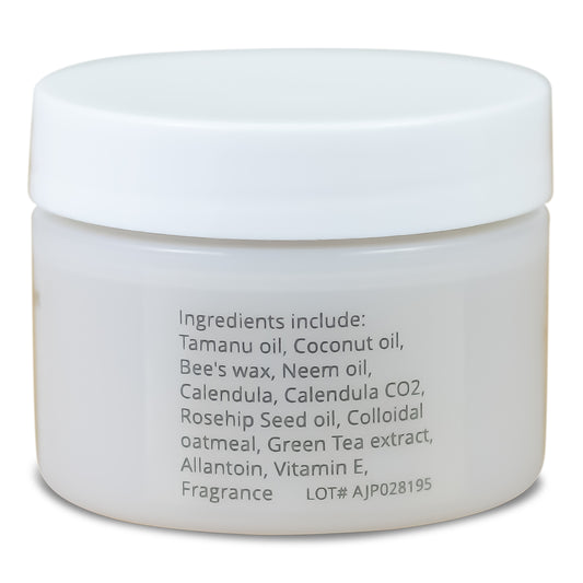 Healing Ointment jar side with ingredients