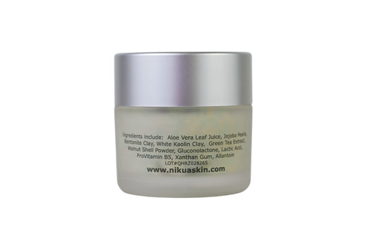Exfoliating mask jar back with ingredients
