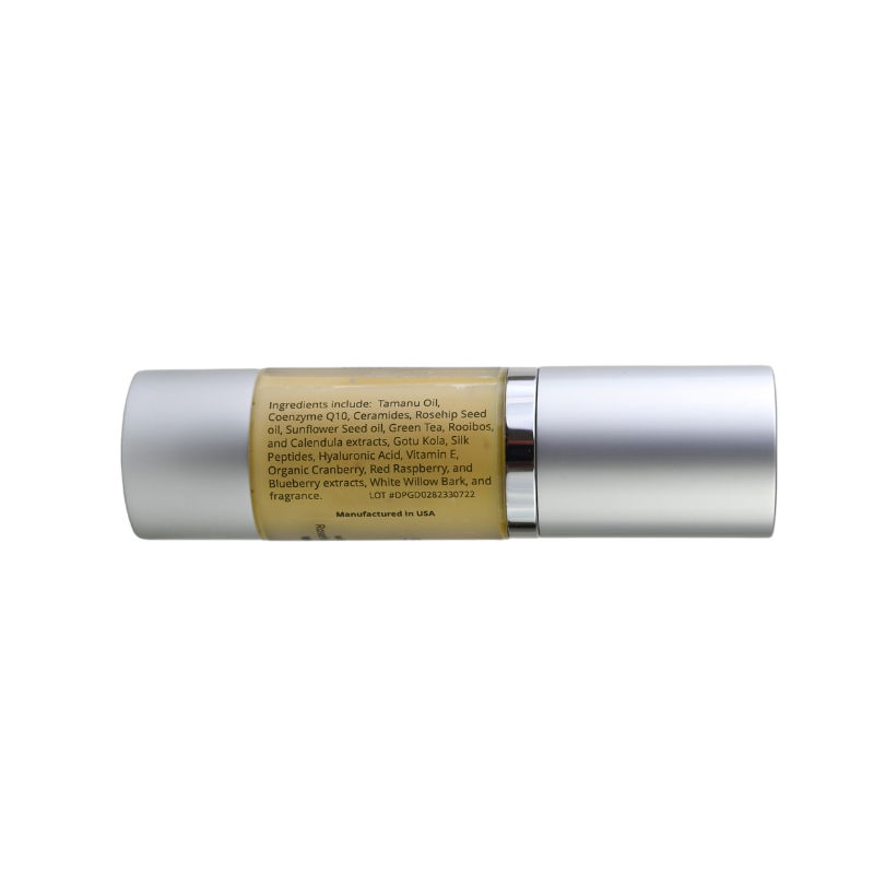 Facial Serum bottle side with ingredients